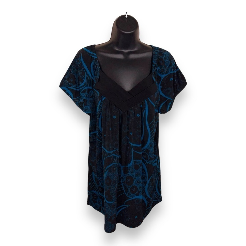 1x PERSEPTION VINTAGE Y2K PLUS TOP BLACK TEAL BLUE STRETCH VNECK SHORT SLEEVE
